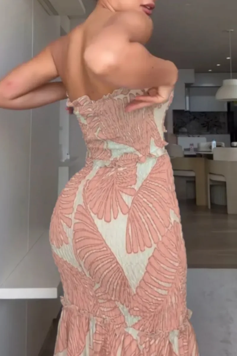 Tropical Print Drawstring Ruched Shirred Frill Trim Bandeau Vacation Dress Cinched Waist Slim Fit Ruffle Hem Mermaid Dress