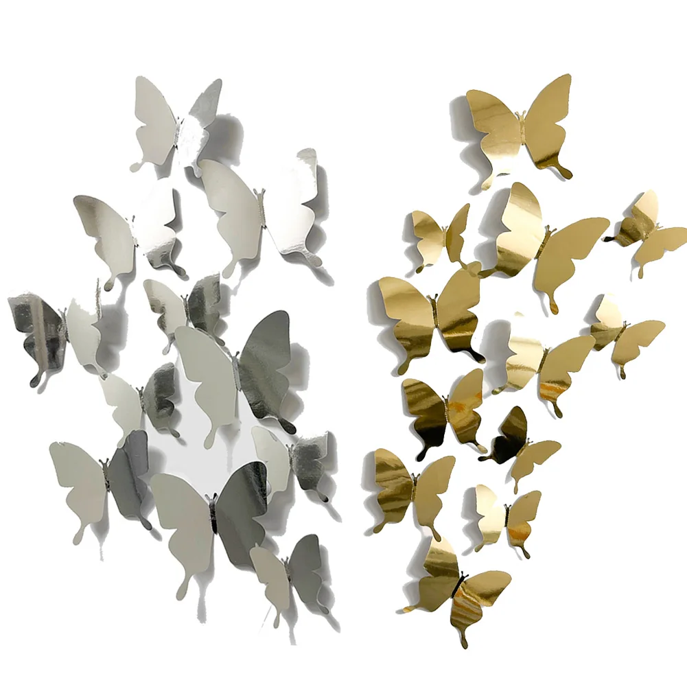 12 Pcs Gold Silver Reflective Butterfly Wall Sticker Living Room Festival Party Home Decor Butterflies Wedding Decoration Decals