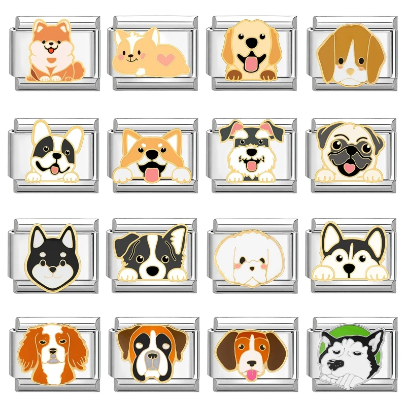 귀여운 허스키 코기 보더 콜리 래브라도 개 동물 이탈리아어 매력 링크 맞는 9mm 스테인레스 스틸 팔찌 DIY 쥬얼리 선물 만들기