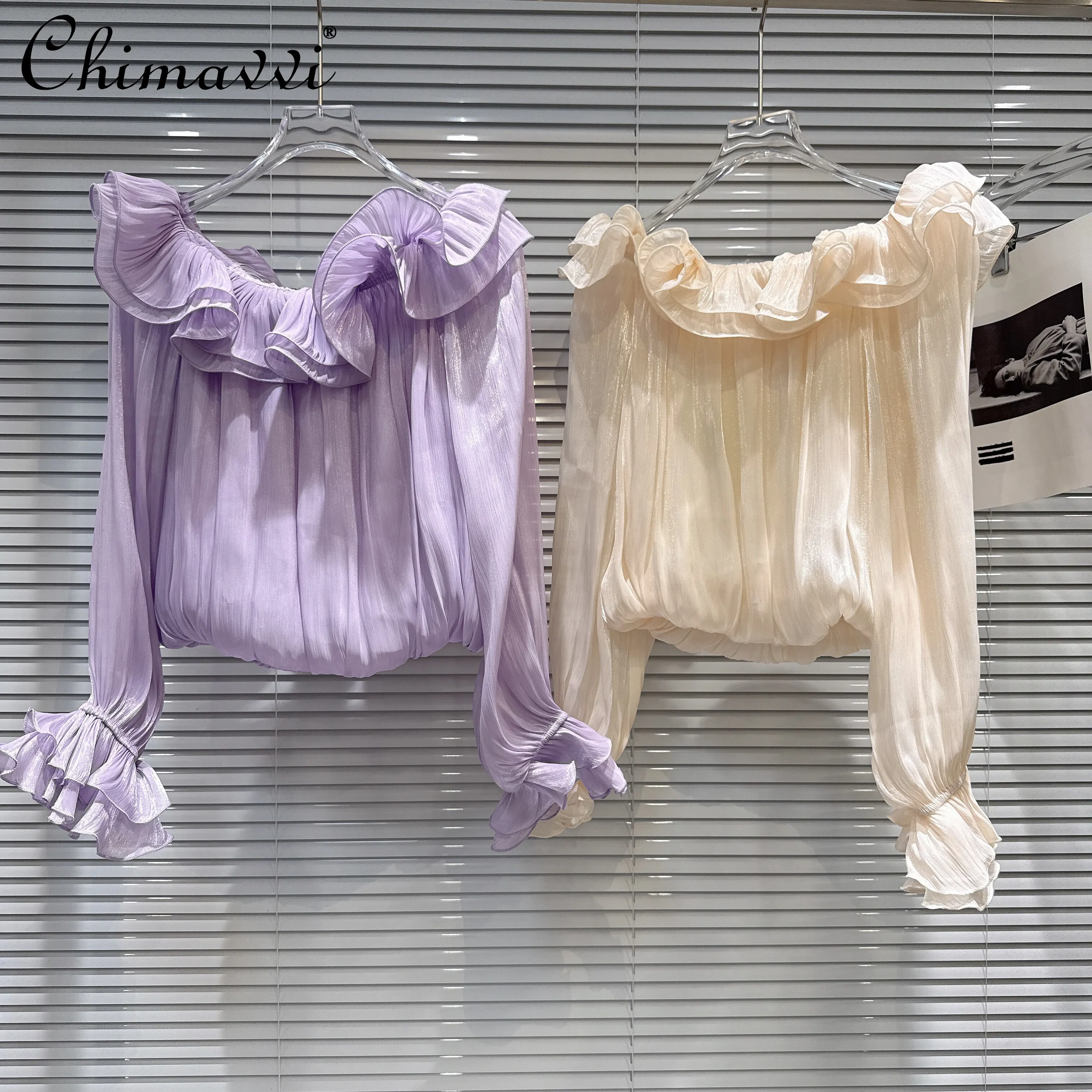 

2026 Summer Clothes New Fashion Sweet One-shoulder Ruffle Trim Fairy Long-sleeve Chiffon Blouse Elegant Women's Shirt Top