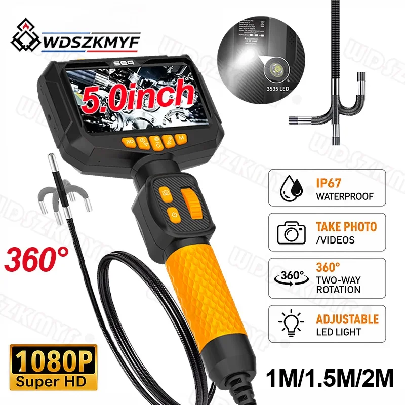 360 Articulating Borescope Camera 6.0MM Single Lens HD 1080P 5-Inch Screen Car Inspection IP67 Waterproof Sewer Camera With LED