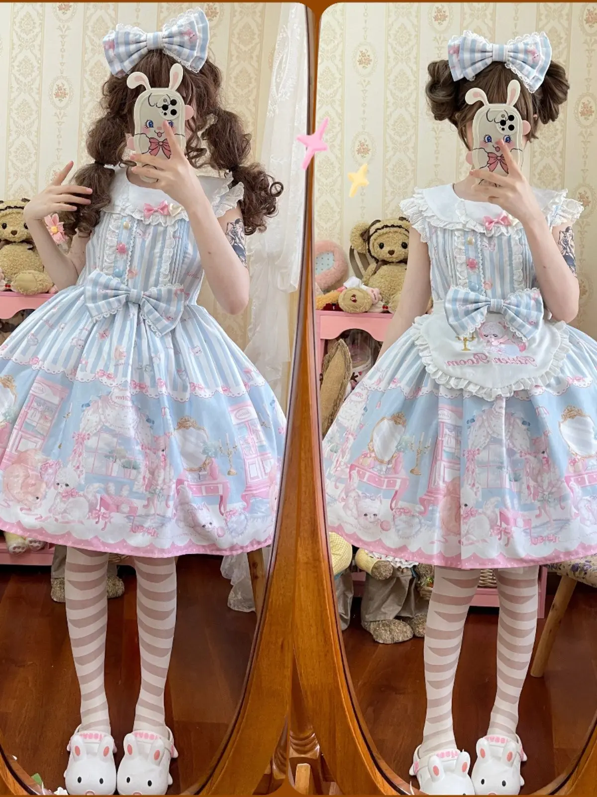 Kawaii Lolita Sleeveless Apron Camisole Dress Cute Princess Cartoon Printing Bow Vitality Girly Loli Mini Dresses