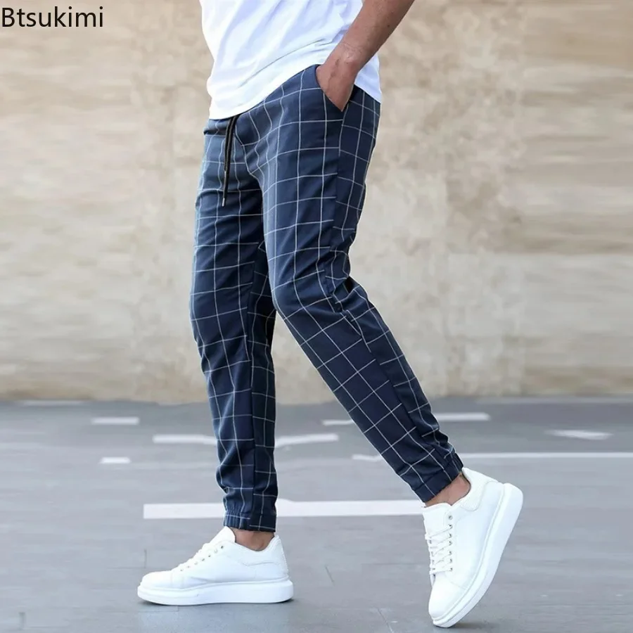 2024 Men's Casual Pants New Plaid Drawstring Elastic Waist Design Pants Trendy Streetwear Men Loose Sport Trousers Joggers Pants