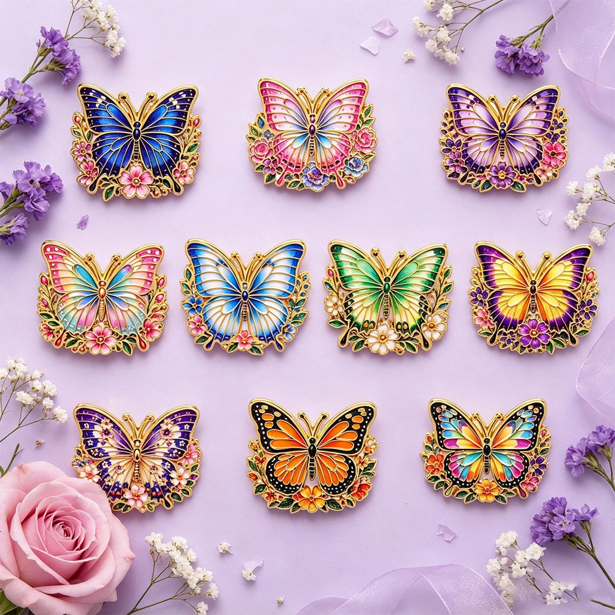 10 Stück/Set Vintage Blumen-Schmetterling Emaille-Pin Lebendige Schöne Insekten-Brosche für Rucksack, Hut, Abzeichen, Schmuck, Geschenk für Freunde – Detail 5