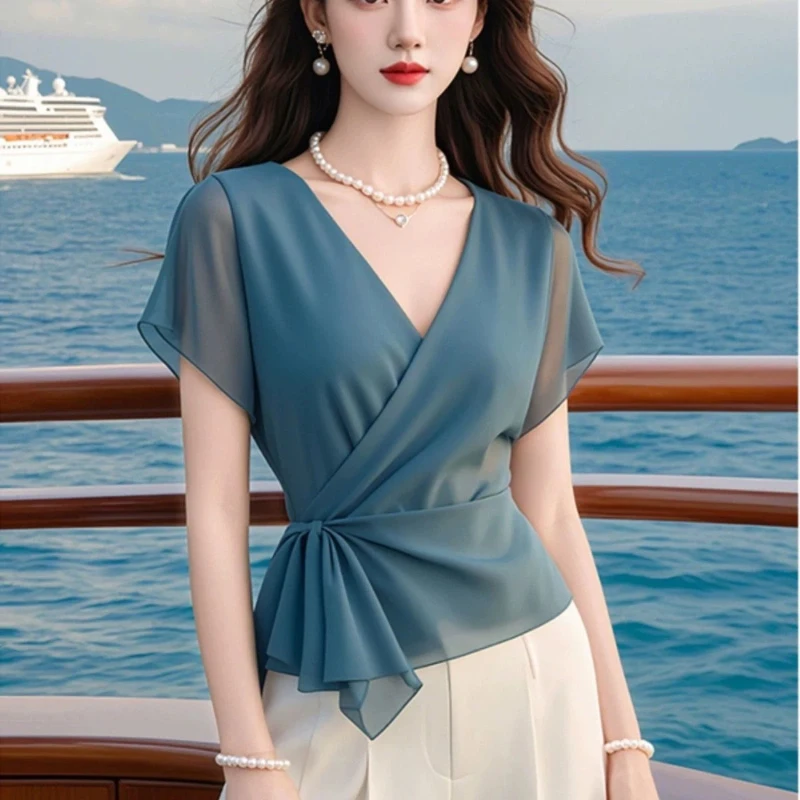 Women's Elegant V-Neck Solid Pleated Chiffon T-Shirt Summer 2026 New Waist Tie Short Sleeve Irregular Top view 2