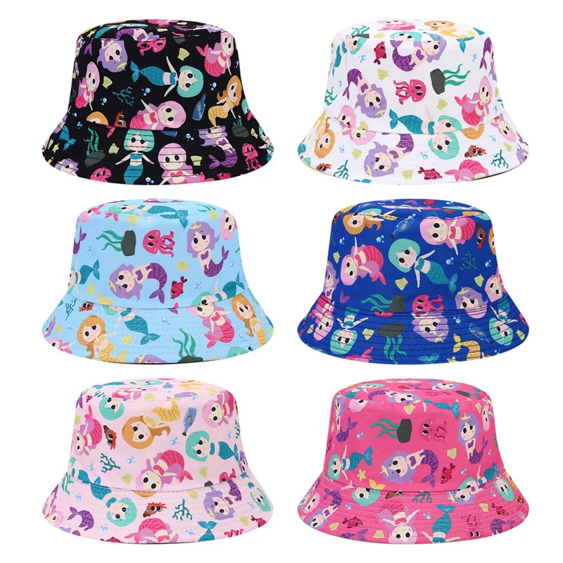 Bocca Girls Cartoon Bucket Hat Children Kids Fisherman Hats Mermaid Pattern Printing Panama Cap Double Sides Summer Beach Sun