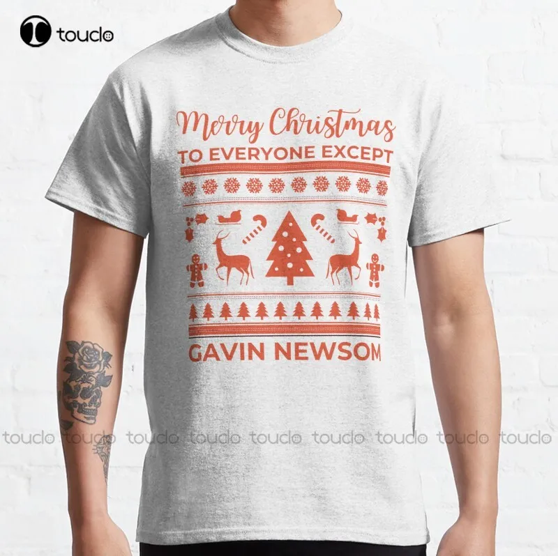 New Merry Christmas To Everyone Except Gavin Newsom Recall Newsom Classic T-Shirt Cotton Tee Shirt Mens Golf Shirts Custom Gift