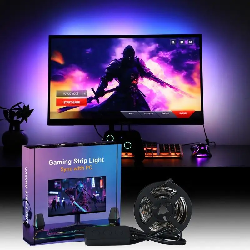 Gaming Ambient PC Backlight Music Color Sync 5V Powered RGBIC LED Strip Monitor Backlight for Computer 24 - 34 Inch Screen