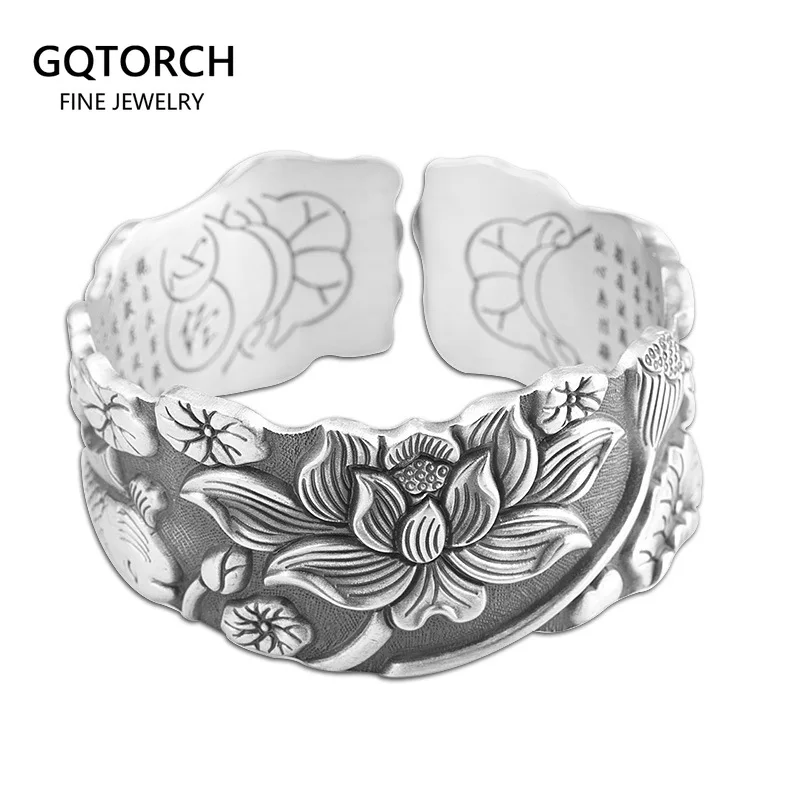 Sterling Silver 999 Lotus Heart Sutra Cuff Bangles for Men and Women Vintage  Fashion Openable Bangle Accessories Jewelry