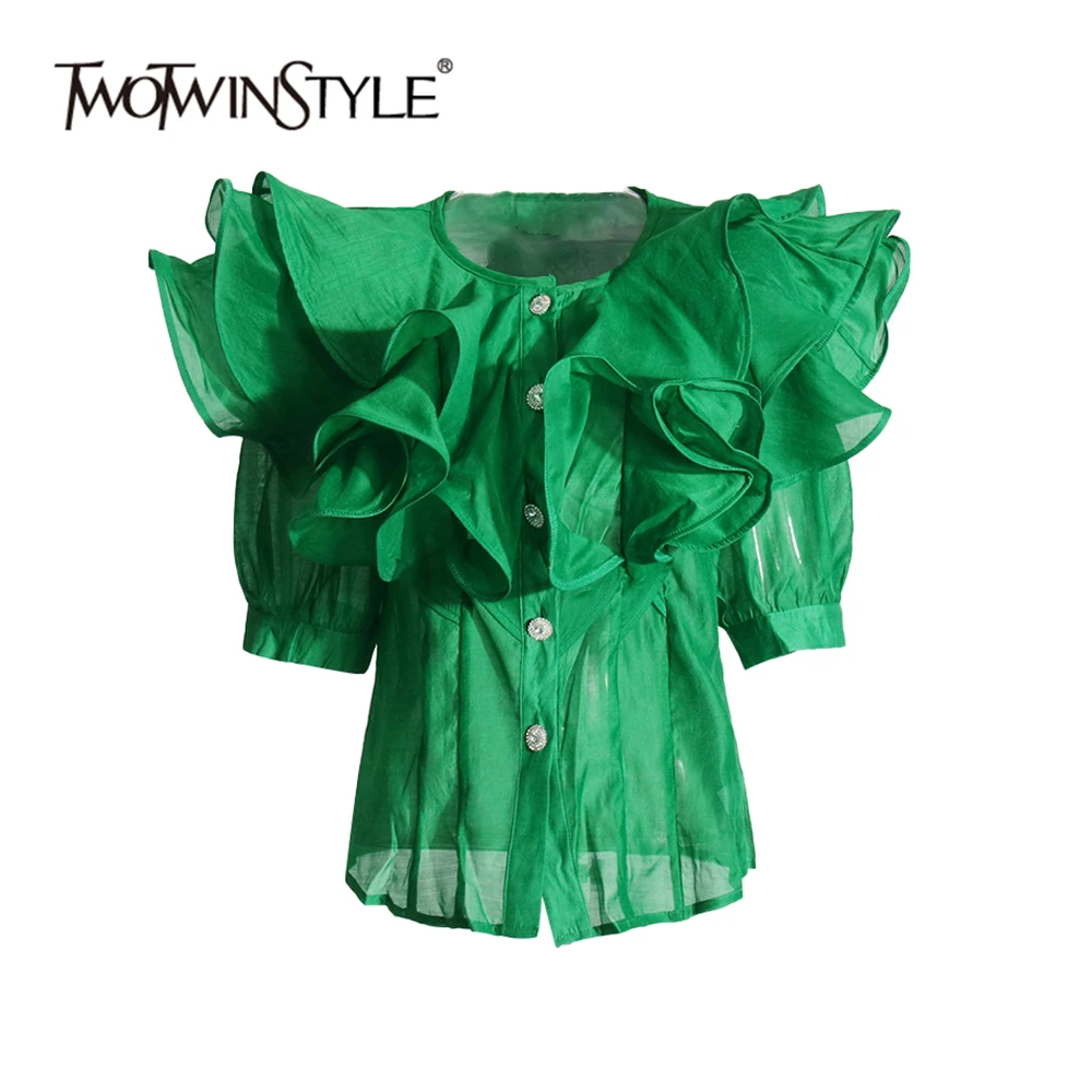 TWOTWINSTYLE Solid Spliced Ruffles Shirts For Women Round Neck Half Sleeve Patchwork Single Breasted Casual Chic Blouse Female