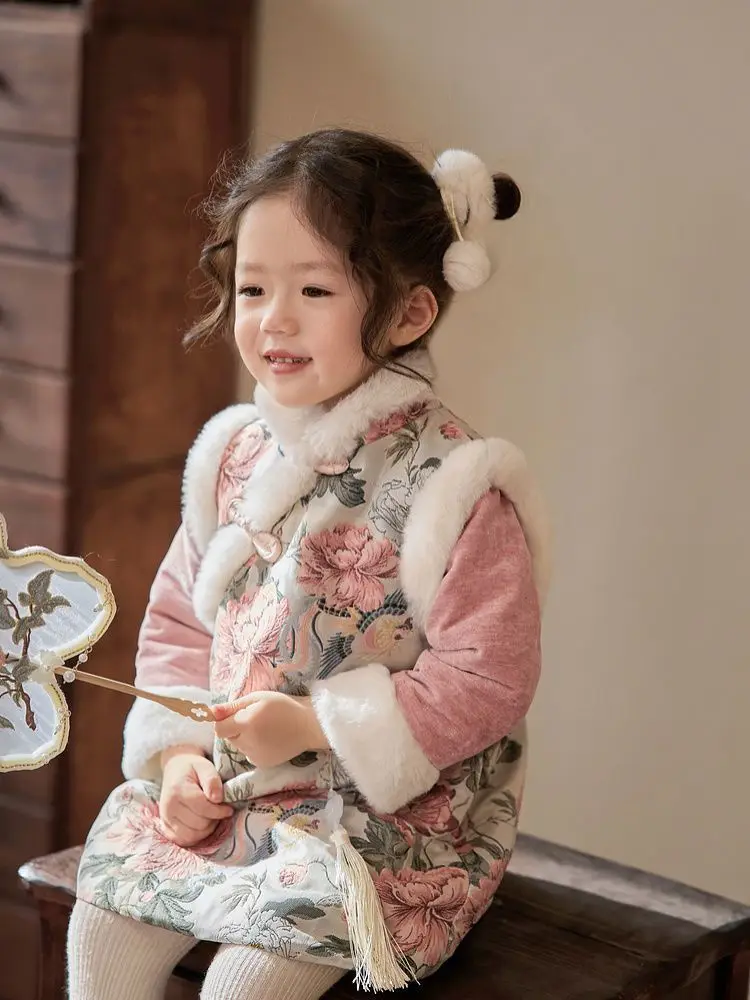 Hanfu Childrens Cheongsam Floral A-Line Dresses Sets Baby Girls Clothes Plus Velvet Coat Winter Warm Kids Cute Qipao 2-7 Costume