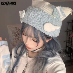 Y2k Aesthetic Streetwear Casual Hats Harajuku Patchwork Star Knit Hat Women 7 Colors Autumn Winter All Match Cute Cat Ears Cap