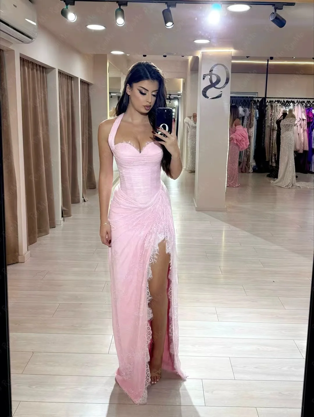 فستان سهرة نسائي فاخر من Ranmo بياقة على شكل قلب وردي 2026 على شكل حرف a وفتحة جانبية عالية وطيات من الدانتيل مخصصة #3