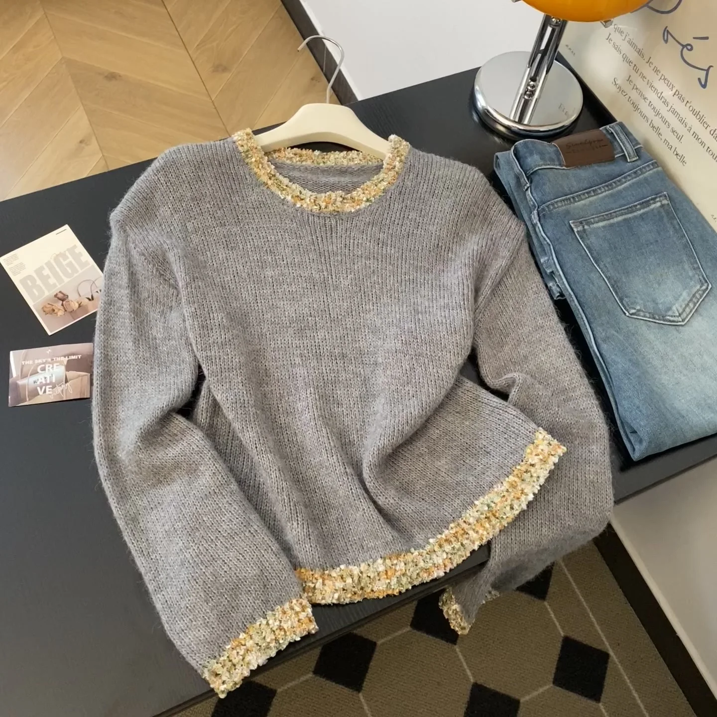

Women's Grey O-neck Long Sleeves Sweater Y2K French Elegant Aesthetics Office 90S Fashion Retro Top Sweater Winter Clothing New