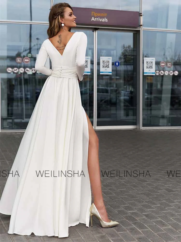 Elegant Wedding Guest Dresses Jersey A-line Wedding Party Dresses Ivory V-neck Belt Button Ruched Side Split Wedding Dress Long