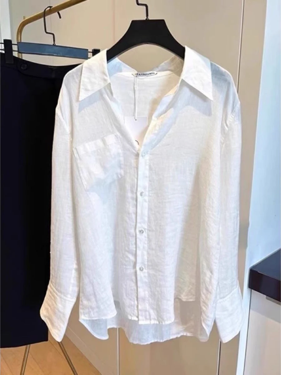 White Linen Long Sve irt Women Summer Thin Loose Cotton Linen irt Outer Sun Protection Top  Collar Regular Fit