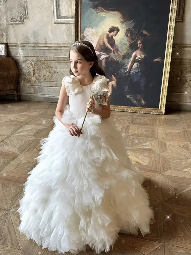 White Puffy Flower Girl Dress For Wedding Layered Tulle Sleeveless Princess Kids Birthday Party First Communion Ball Gown