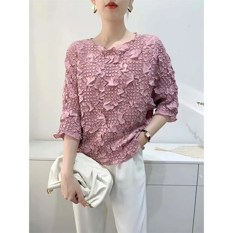 Miyake Pleated Tops for Women 2026 Summer Fashion Loose Large Size Embroidered Hand-pleated Pullover Bat Sleeve T-shirt Women