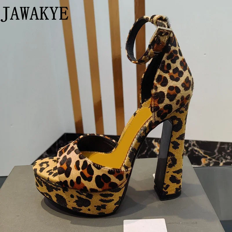 

14.5cm Leopard Print High Heel Platform Sandals Ankle Strap Mary Janes Formal Dress Shoes T show Party Shoes Women