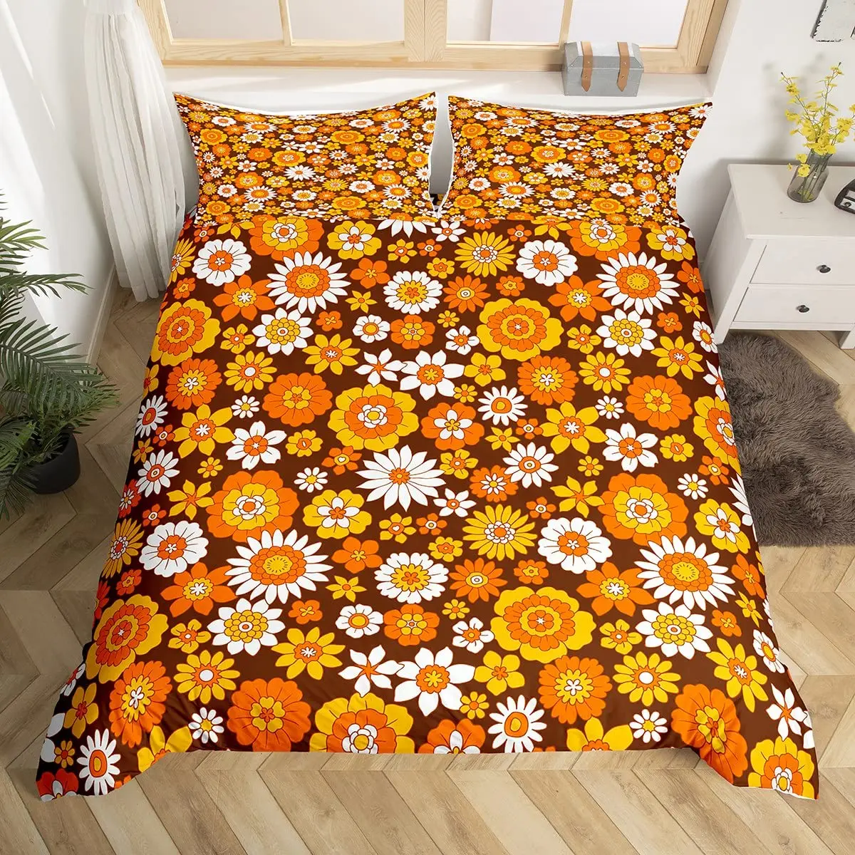 Vintage Floral Duvet Cover King Queen Retro Flowers Bedding Set Boho Hippie Comforter Cover Groovy Blossom Polyester Quilt Cover