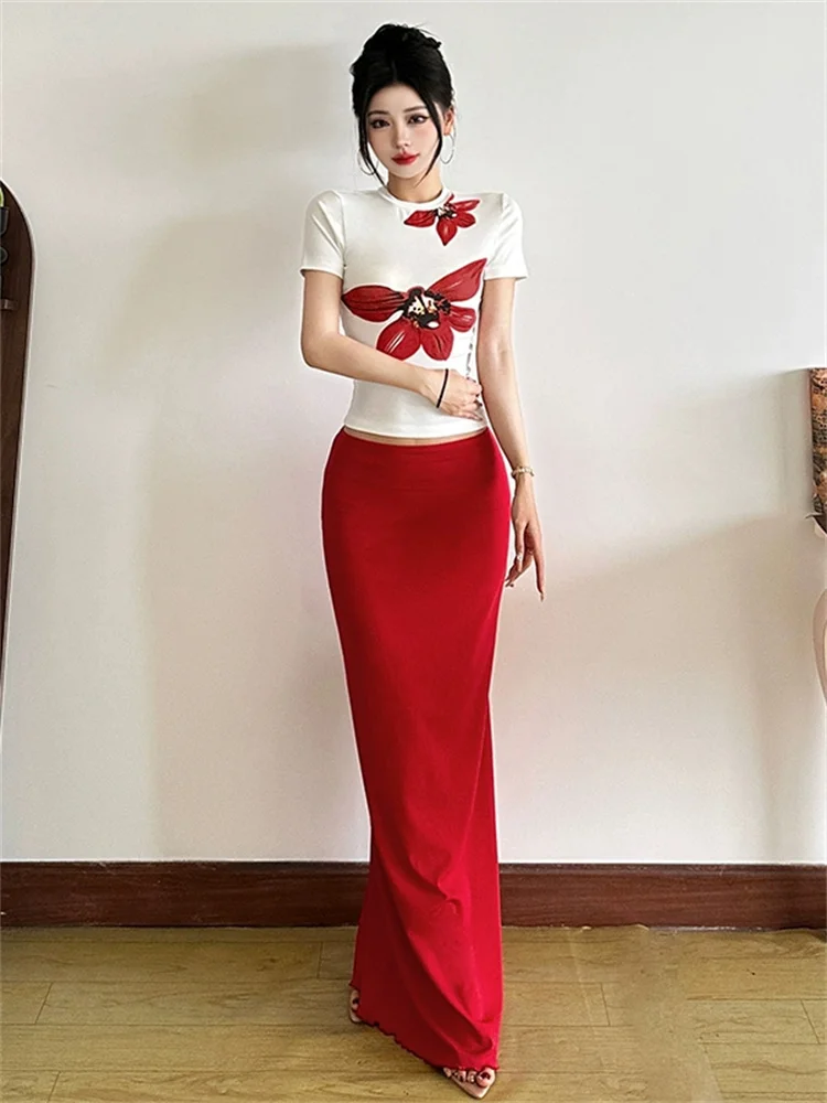 Tropical Style Women's Fashion Red Flower Printed White T-shirt and Bodycon Midi Skirt Suits Slim  Matching Two Pieces Sets