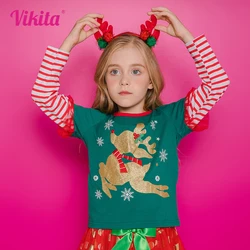 VIKITA Girls Elk Print Christmas New Year Xmas Green T Shirts Kids Cotton Casual Long Sleeve Striped Tops and Tees Kids Clothes