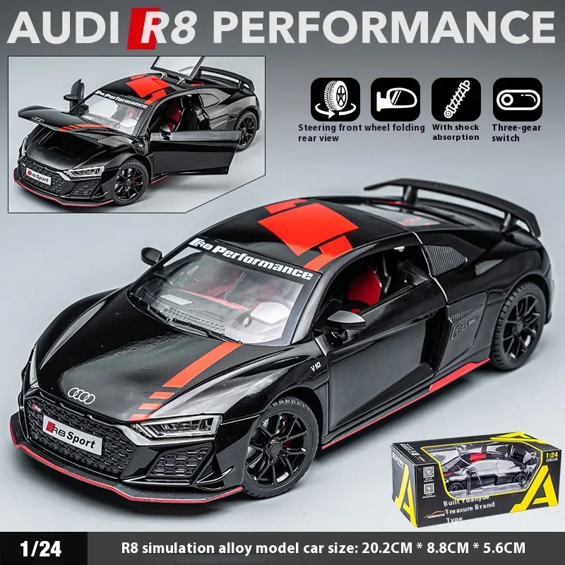 1:24 Audi R8 V10 Sport Alloy Die Cast Toy Car Model Wheel Steering Sound and Light Children\'s Toy Collectibles Birthday gift