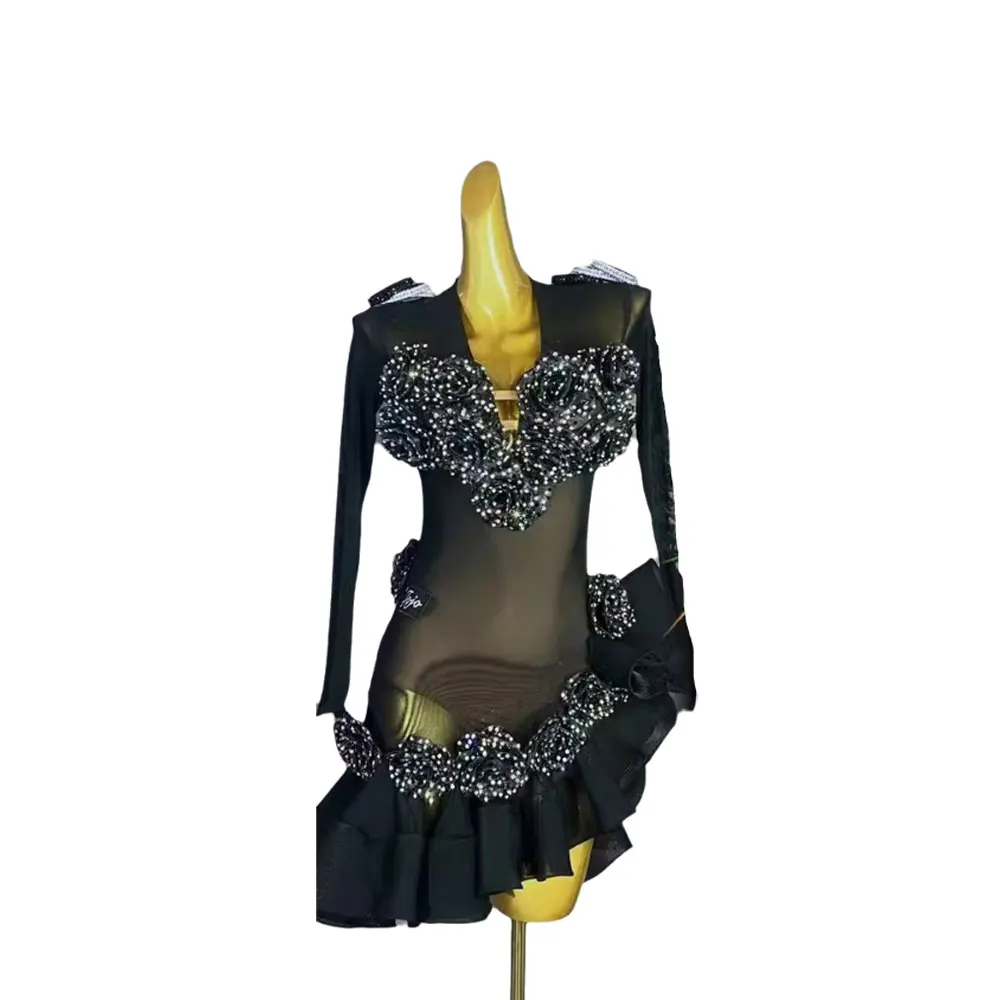 

Latin Dance Costume, Rhinestone Women's High-end Custom Black Silk Mesh, Flower Long Sleeved Samba Dance Dress, Dress