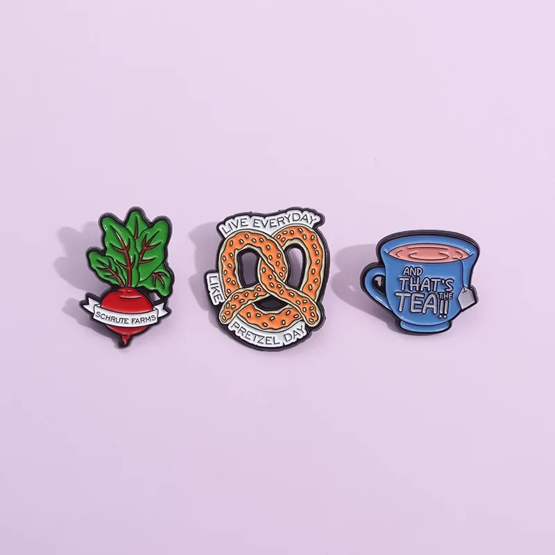 That's The Tea Schrute Farms Enamel Pins Live Everyday Like Pretzel Day TV Show Brooch Lapel Wholesale Jewelry Gift for Friends