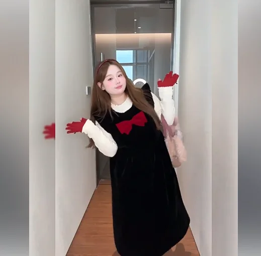 الخريف النساء السود الفرنسية حجم كبير فساتين بلا أكمام موضة عالية الخصر ألف خط تنوعا الحد من العمر القوس طاقم الرقبة فستان #4