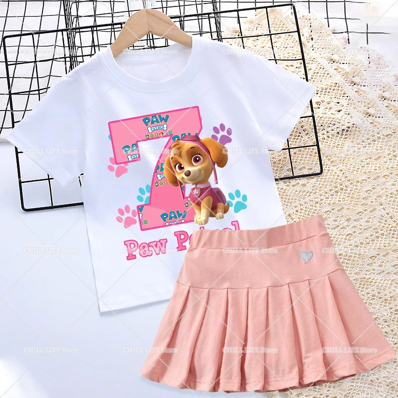 Paw Patrol Girl Pleated Skirt Tee Set Skye Number T Shirt Dress Birthday Party Clothing Summer Casual Short Sleeve Top Skirts