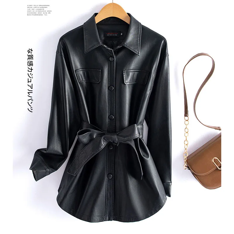 New Formal Leather Jacket Womens Autumn Korean Mid-length Slim Casual Chic Coats Y2K Motorcycle PU Leather Windbreakers Overcoat