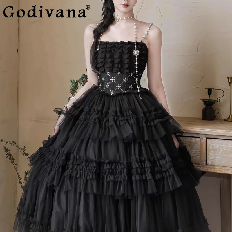 

Birthday Adult Ceremony Princess Dress Women's Black Lolita Evening Wedding Dress Female Sleeveless Sweet Lolita Cake Dress