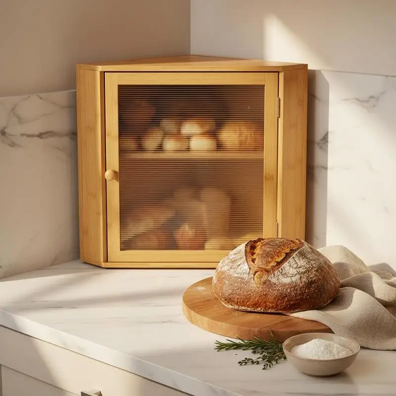 

Corner Bread Box for Kitchen Counter, Double Layer Large Capacity Bamboo Bread Storage Container, Farmhouse Wooden Breadbox for Homemade Bread, Storage Holder Bin with Acrylic Wavy Door, Natural