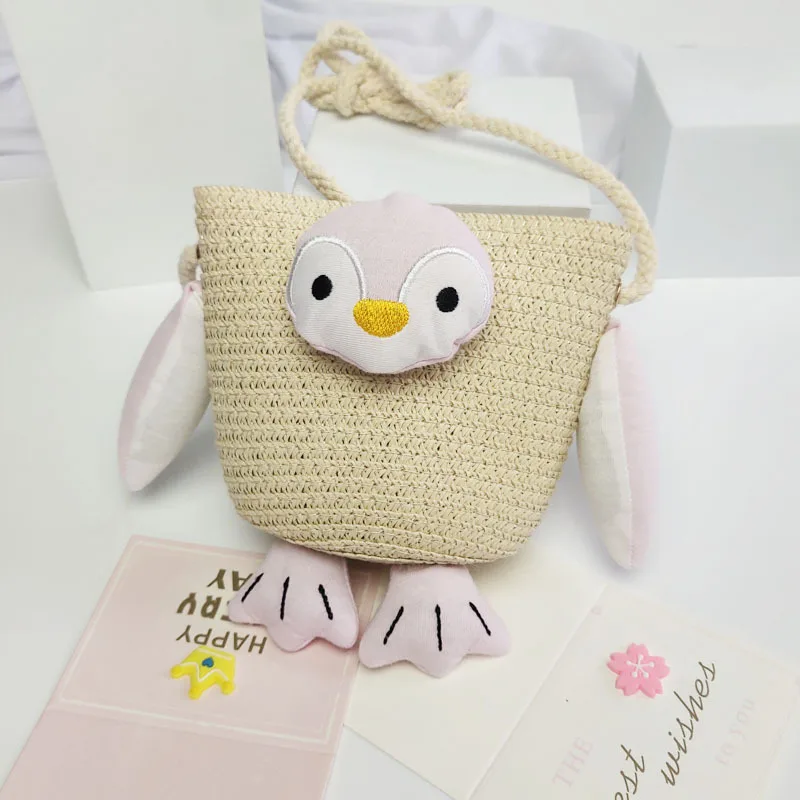 Summer Kids Straw Bags Mini Little Bear Messenger Bags 2022 New Casual Fashion Baby Boys Girls Rabbit Cartoon Cute Coin Purse