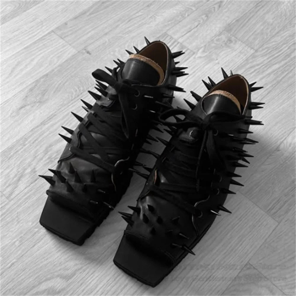 Men Square Toe Rivets Spiked Leather Shoes Punk Style Thick Heel Lace Up Handmade Luxury Trendy Casual Novetly Single Shoes