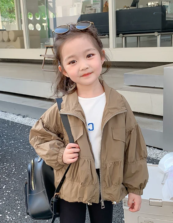 Girls Short Wrinkled Windbreaker 2026 Spring Autumn New Girls Fashion Turn-down Collar Zipper Jacket