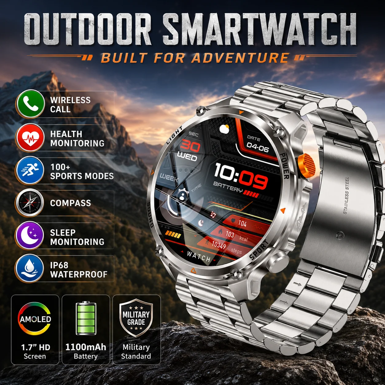 2026 Outdoor Military Smart Watch Men Compass Flashlight Sports Watch IP68 Waterproof 1100mAh Battery Bluetooth Call Smartwatch