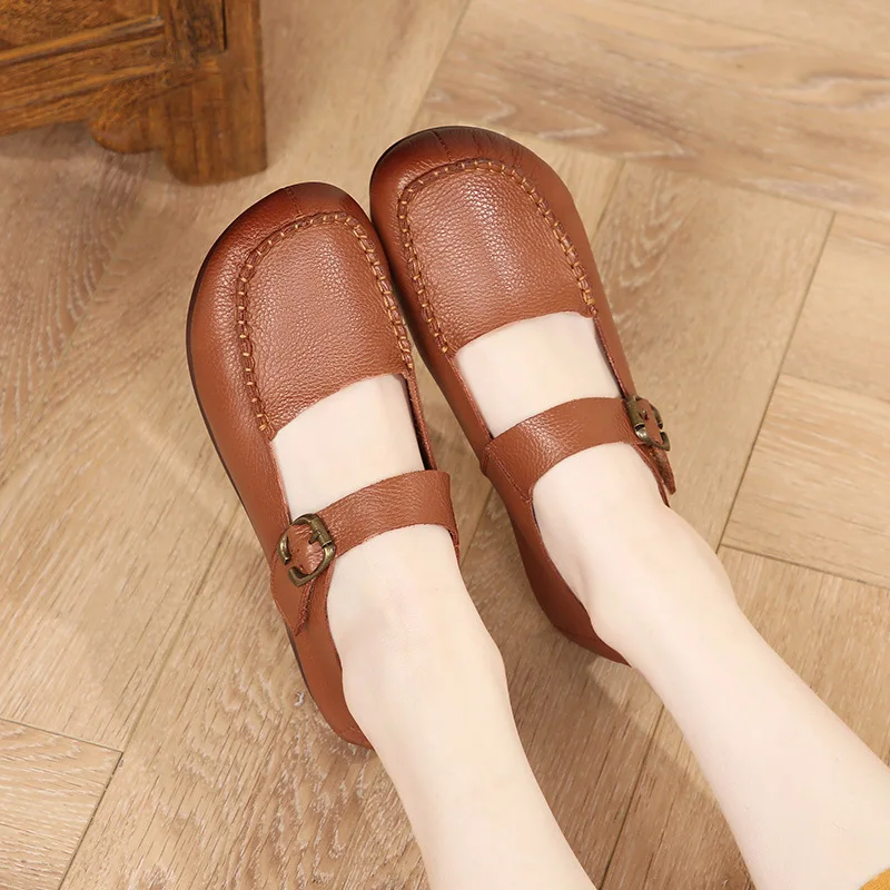 Spring New Leather Women Mary Jane shoes ankle strap round toe slip on breathable comfortable office career work dress shoes