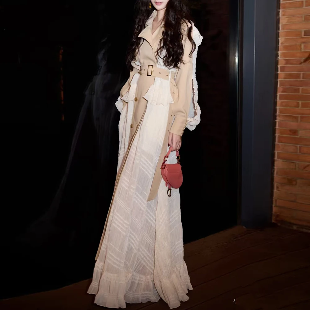 TWOTWINSTYLE Colorblock Casual Long Trenches For Women Lapel Long Sleeve Patchwork Button Long Coats Female Fashion Style New