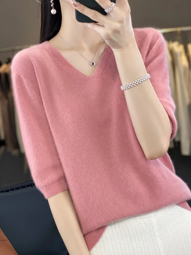 Women V-Neck 100% Merino Wool Cashmere T-shirt Half-Sleeve Pullover Sweater Spring Summer Knitwear Soft Fashion Comfortable Tops