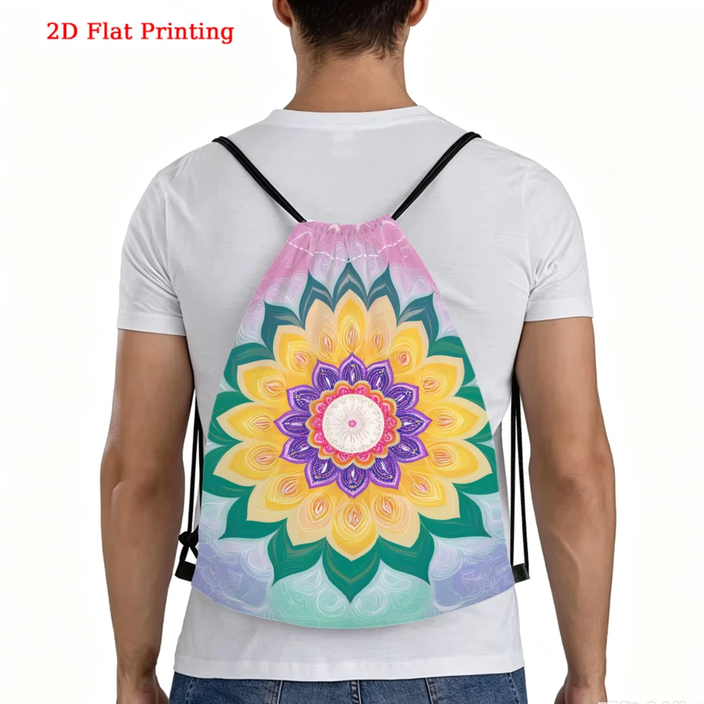 Mandala Style, Drawstring Backpack, 2D Flat Printing Colorful Floral Pattern, Gym Sports Bag, Outdoor Travel Cinch Sack