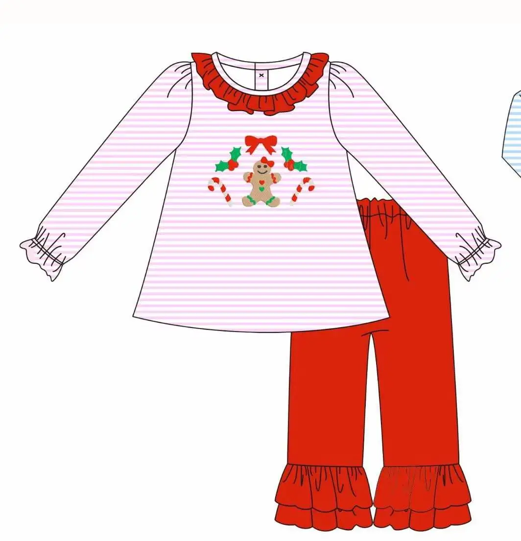 Boutique Toddler Kids Christmas Gingerbread Man Candy Cane Outfit Striped Ruffle Top Pants Romper Baby Xmas Sleeper