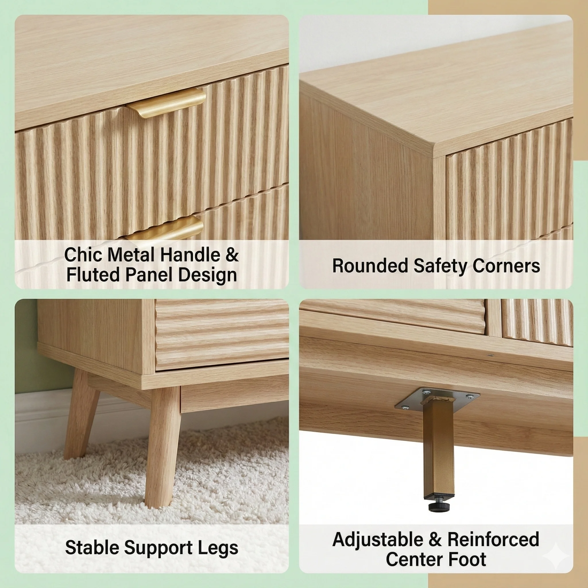 Modern multi-functional grooved wooden four-drawer four-door dresser with metal handle