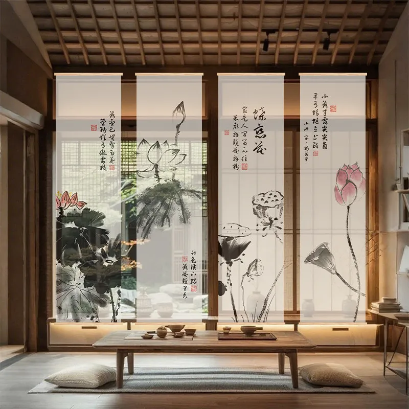 Wabi Sabi Gauze Curtain - Semi Transparent Lotus Hanging Divider, Japandi Style Room Screen for Yoga Studio & Boutique Hotel