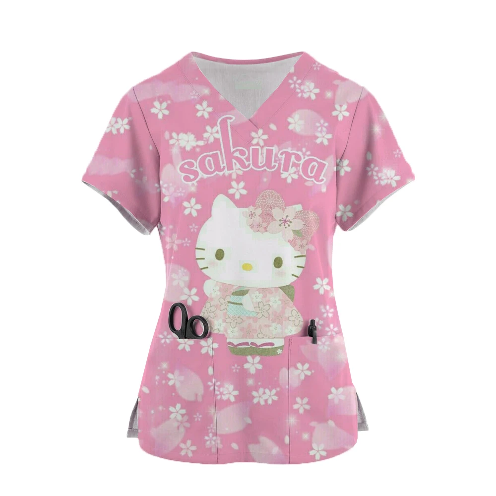 Womens Cartoon Hello Kitty Print Kawaii Nurse Uniform Scrubs Tops Short Sleeve Pocket Overalls Uniforms Medical Nursing Blouse