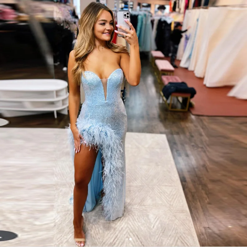 

Сексуальное платье для выпускного вечера с глубоким V-образным вырезом и перьями, вечернее платье трапециевидной формы, блестящее вечернее платье с блестками, вечернее платье с открытыми ногами