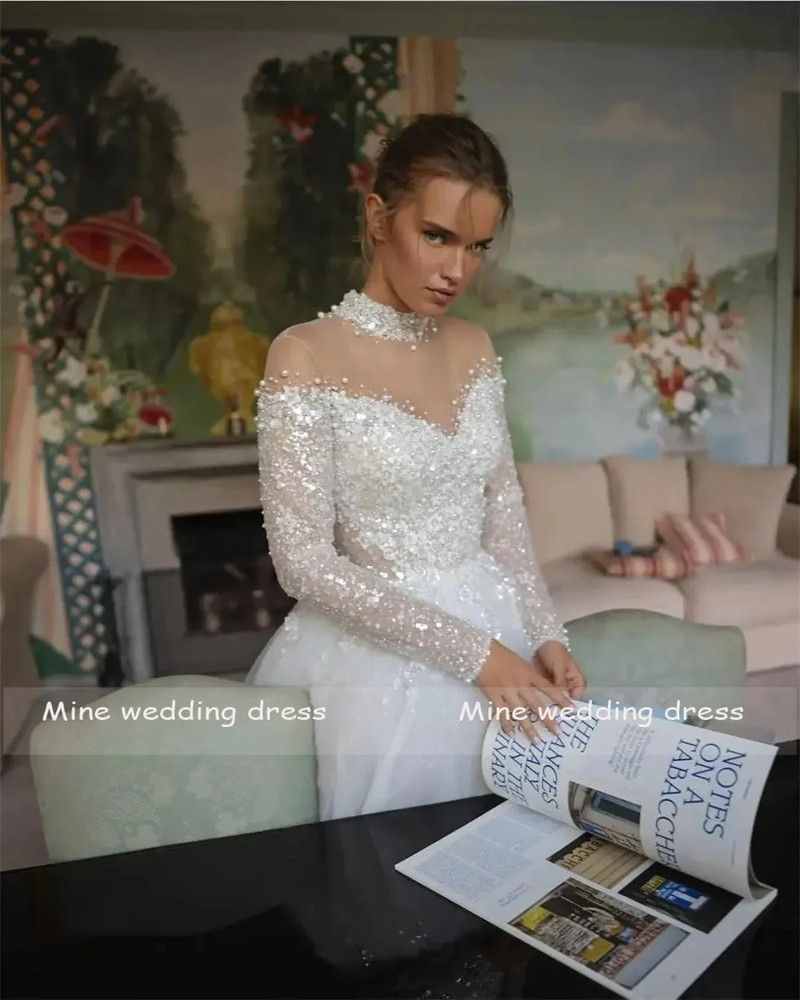 Customized High Neck Lace Appliques  With peals For Top Long Sleeve Glitter Skirt Wedding Dresses Back See Through Bridal Gowns