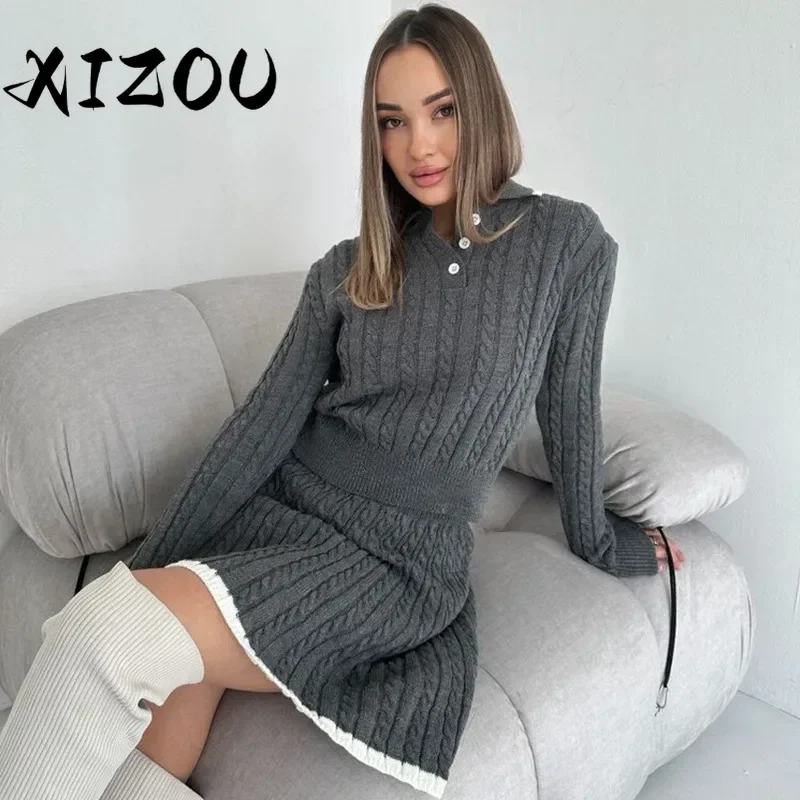 XIZOU Two Piece Dress Sets for Women Autumn Winter Knitted Long Sleeve Button Sweater Mini Skirt Suits 2 Pieces Street Outfits