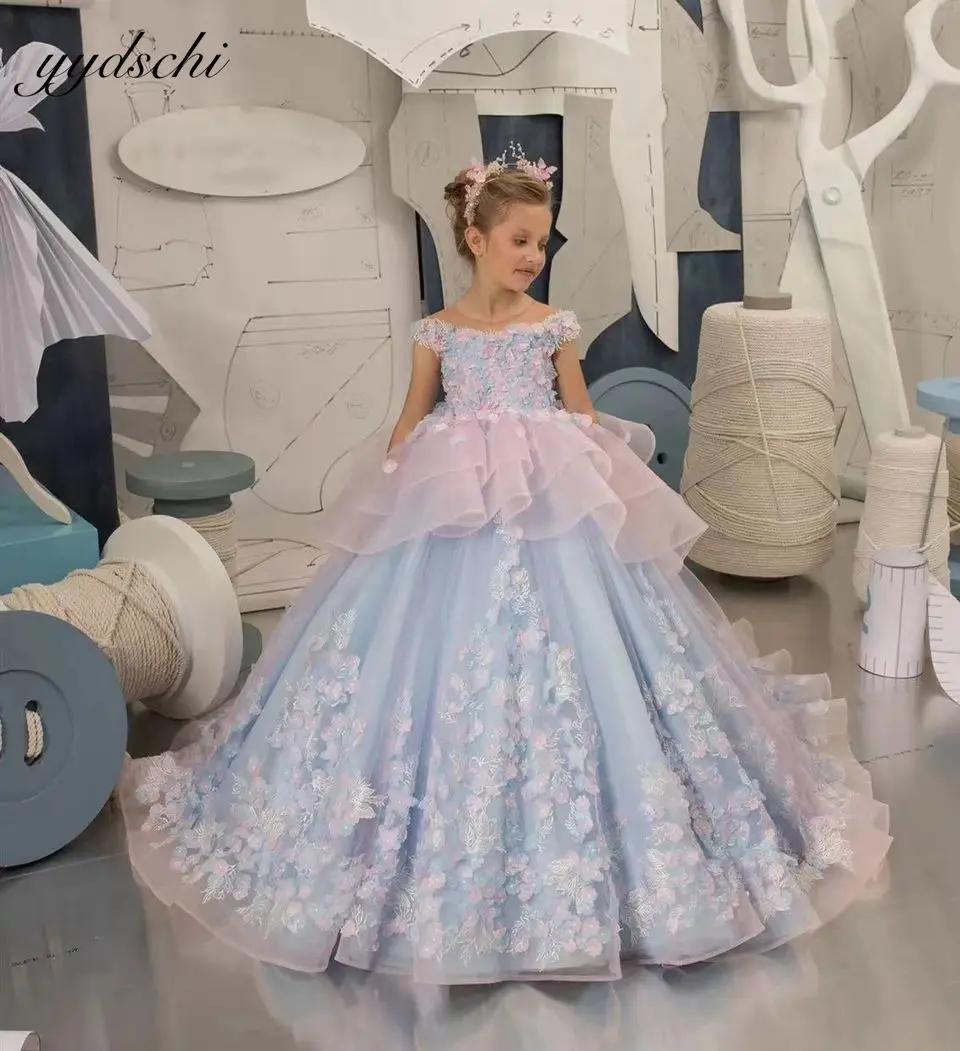 

Customized Lovely Puffy Lace 3D Flowers Kids Layers Flower Girl Dresses For Wedding 2025 Ball Gown Princess Birthday Party Gowns